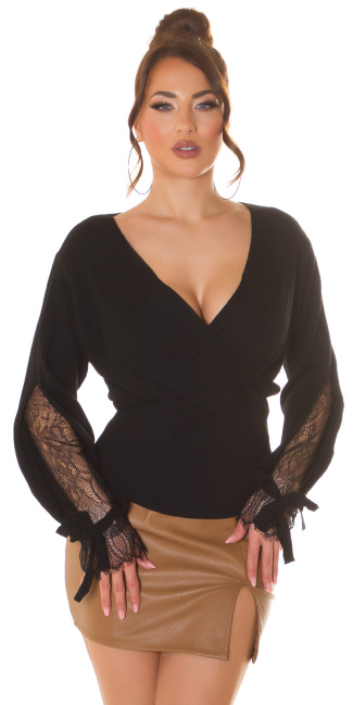 Jumper with V-neck and lace Black